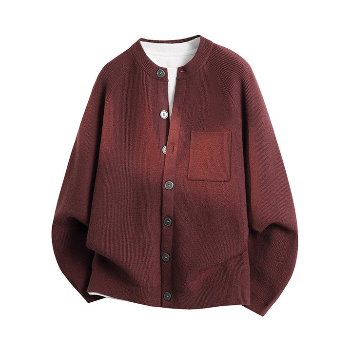 Unisex Leichter Feinstrick-Cardigan mit Rundhalsausschnitt, Brusttasche und Raglanärmeln Echoarchiv