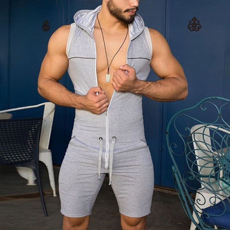Herren Athletischer Kurzoverall mit Kapuze und praktischen Taschen Echoarchiv