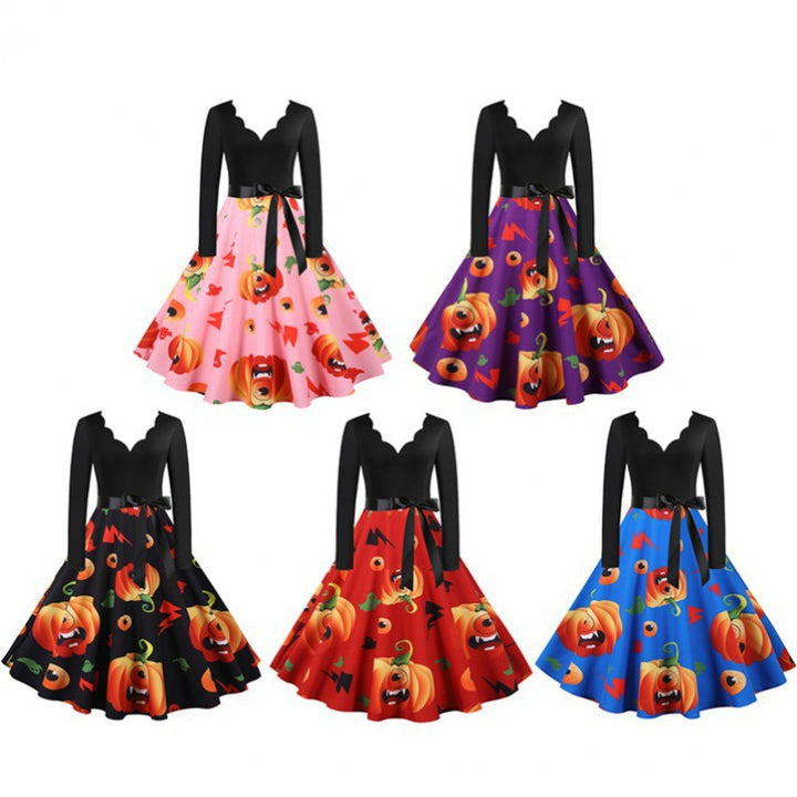 Damen Vintage Swing Kleid mit Halloween-Kürbis-Print und Taillengürtel – Élara