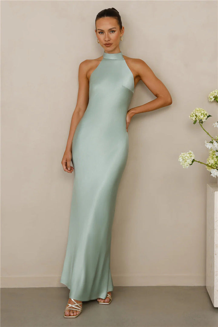 Damen Elegantes Maxikleid mit hochgeschlossenem Design und schimmerndem Satin-Finish Echoarchiv