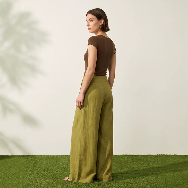 Damen High‑Waist Wickel‑Palazzohose mit weitem Bein und fließender Leinenoptik Echoarchiv