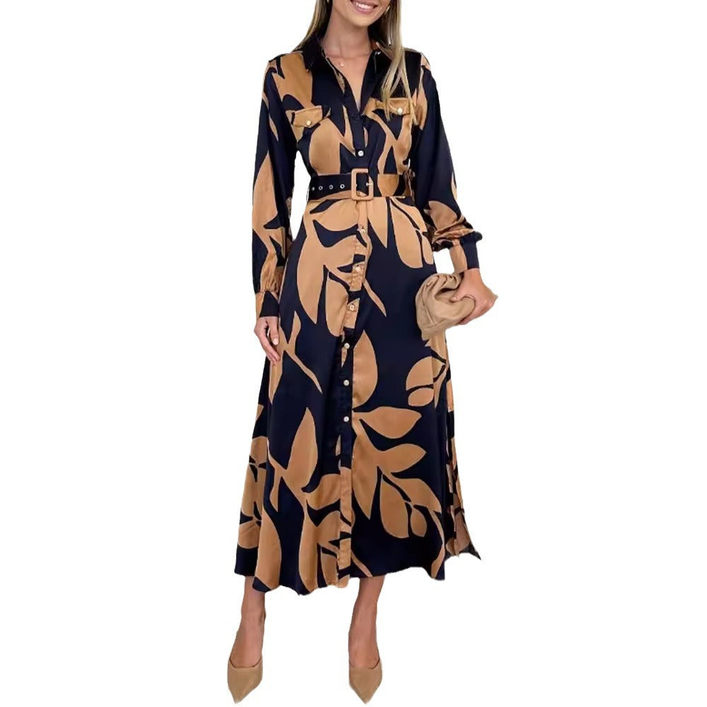 Damen nan fließendes Hemdblusenkleid mit Taillengürtel, Brustklappen und abstraktem Print Echo Archiv