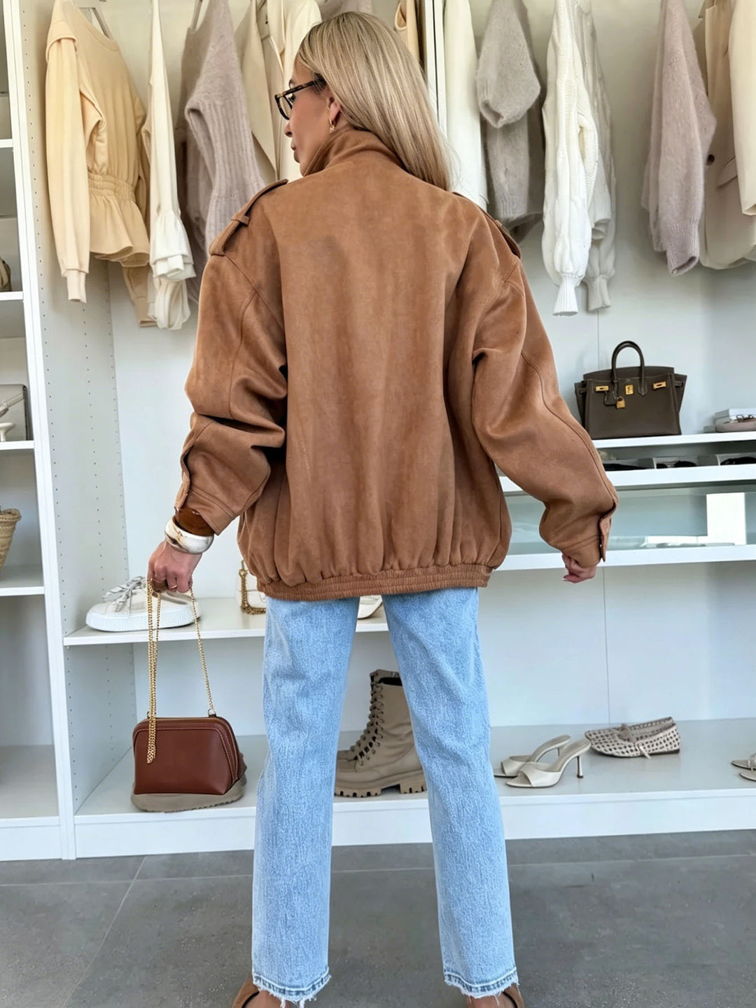 Damen Oversized Jacke in Wildleder-Optik mit Brusttaschen und Epauletten Echoarchiv
