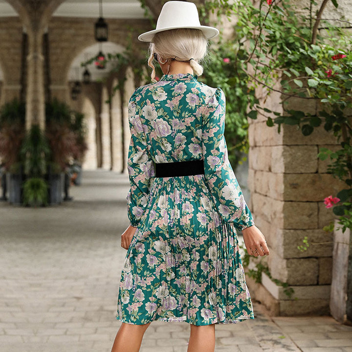 Damen Plissiertes Midikleid mit Stehkragen-Schleife, Puffärmeln und abnehmbarem Perlengürtel – Élara