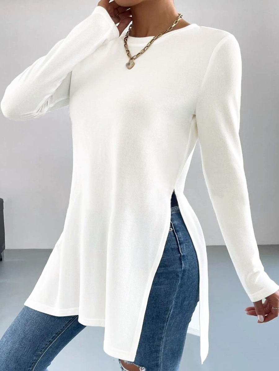 Damen Langes Feinstrick-Tunika-Shirt mit Seitenschlitzen und gerundetem Saum – Mavelle