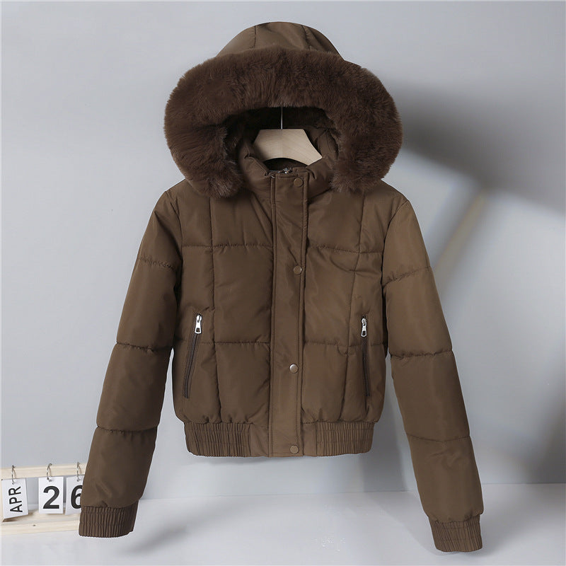 Damen kurzer isolierender Kapuzenblouson mit voluminöser Pelzkragenblende und elastischem Rippsaum – Célinea