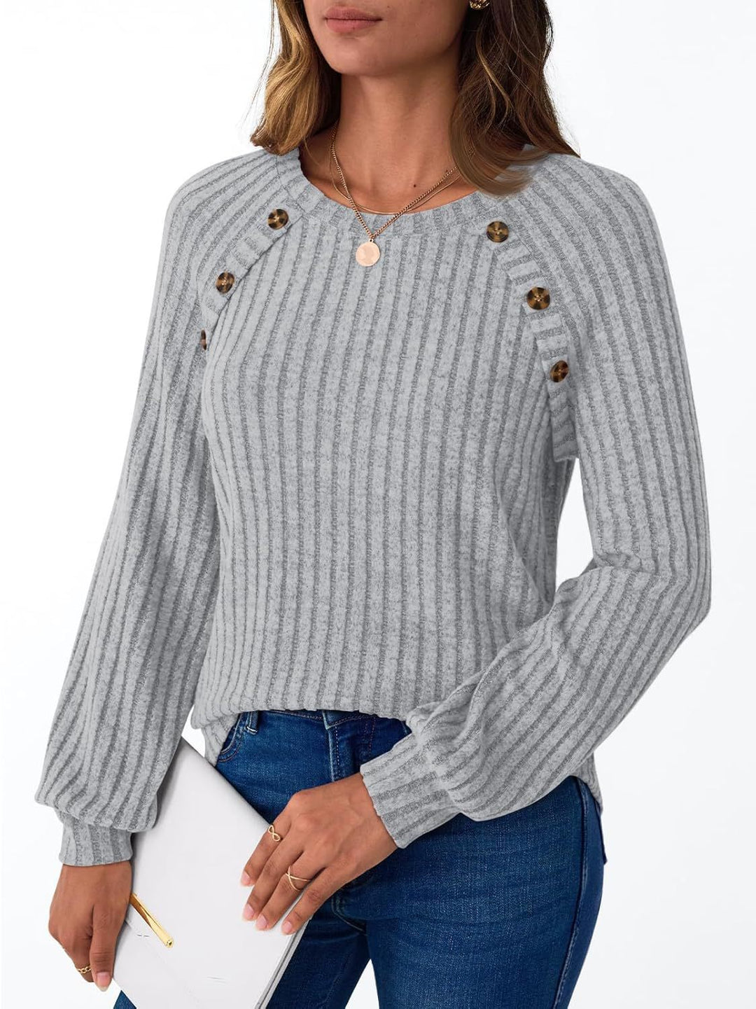 Damen Gerippter Strickpullover mit Zierknopfleiste an Raglanärmeln Echoarchiv
