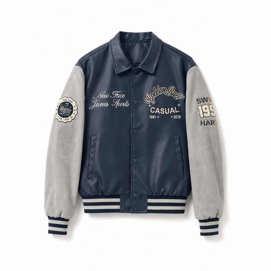 Herren Varsity-Bomberjacke im College-Stil mit Kunstleder-Körper, Veloursleder-Optikärmeln und bestickten Patches Echo Archiv