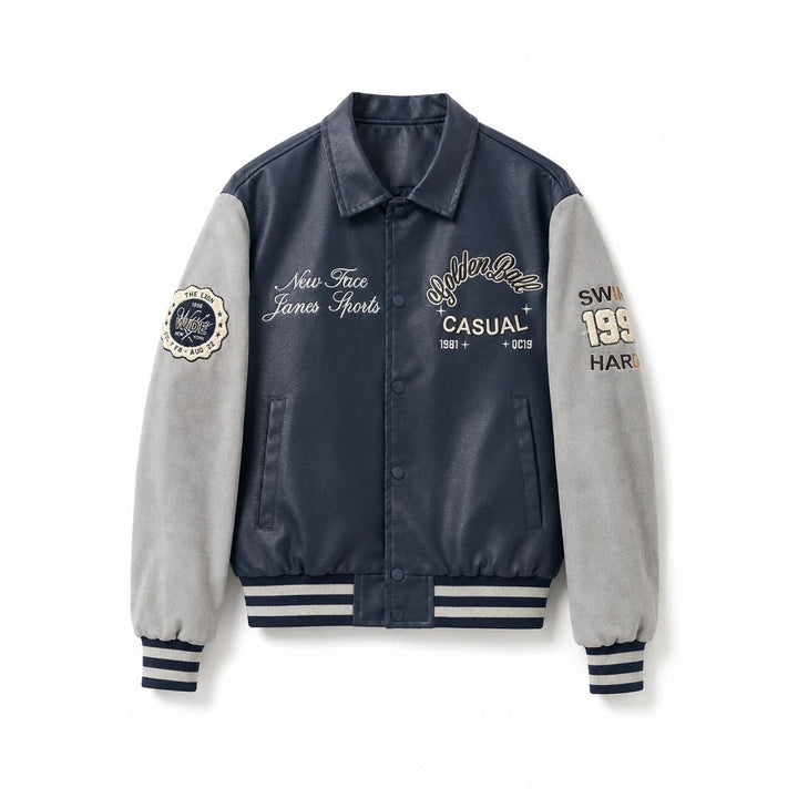 Herren Varsity-Bomberjacke im College-Stil mit Kunstleder-Körper, Veloursleder-Optikärmeln und bestickten Patches Echo Archiv