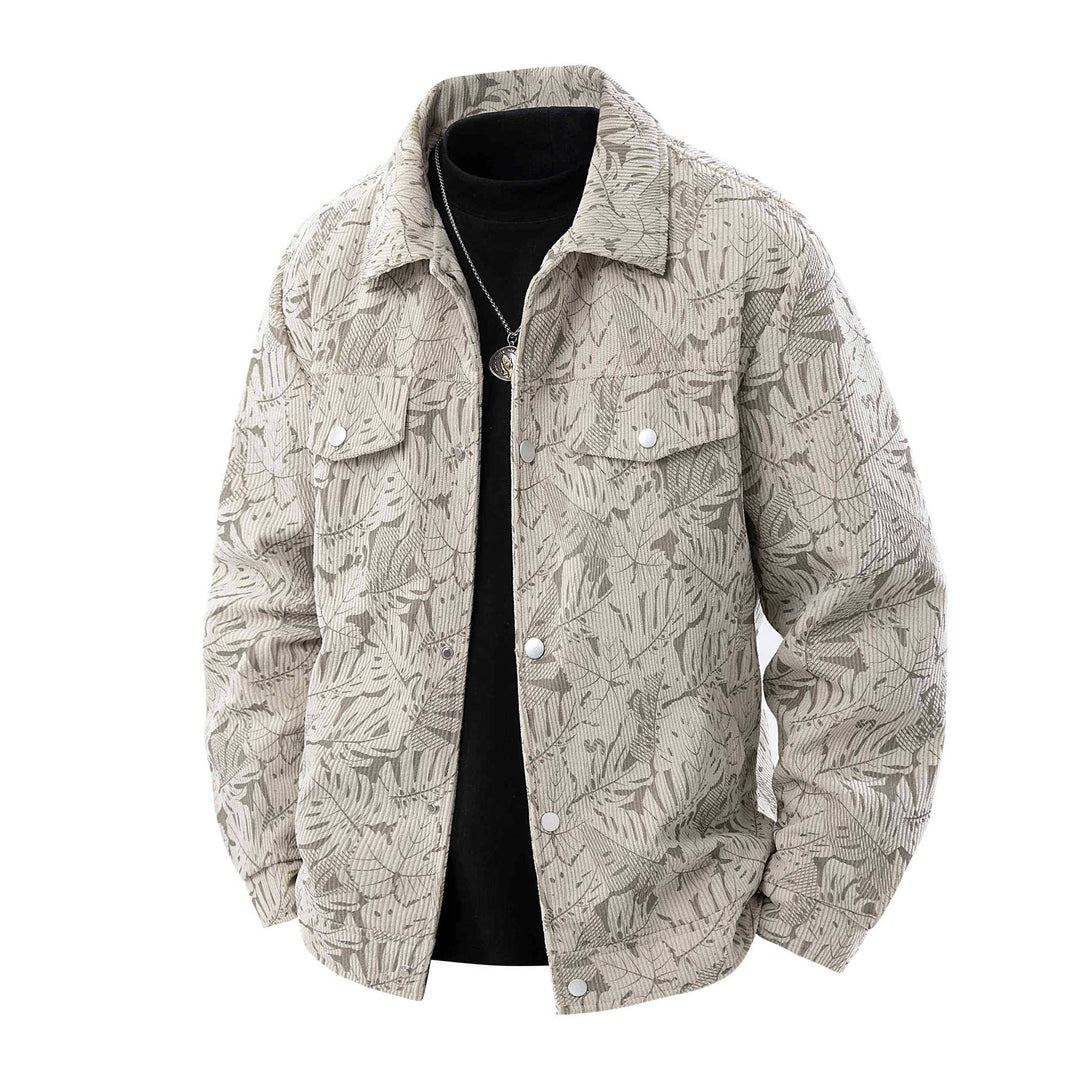 Herren Kordjacke im Truckerstil mit tonalem Blattmuster, Druckknopf‑Front und Pattentaschen Echo Archiv