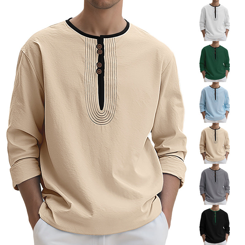 Herren nan weit geschnittenes Langarm-Kurta-Oberteil mit dekorativen Biesen und Holzknopfleiste Echo Archiv