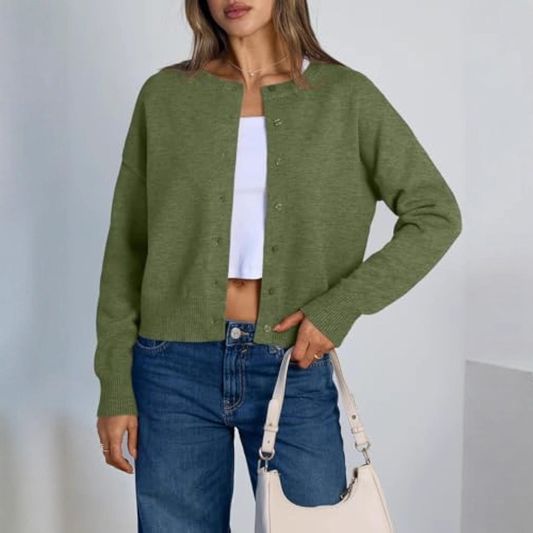 Damen Cropped Strickjacke im Boxy‑Schnitt mit Rundhals und Rippbündchen – Veloura