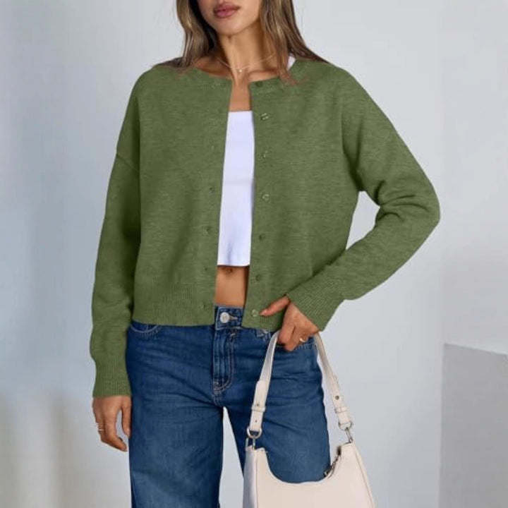 Damen Cropped Strickjacke im Boxy‑Schnitt mit Rundhals und Rippbündchen – Veloura