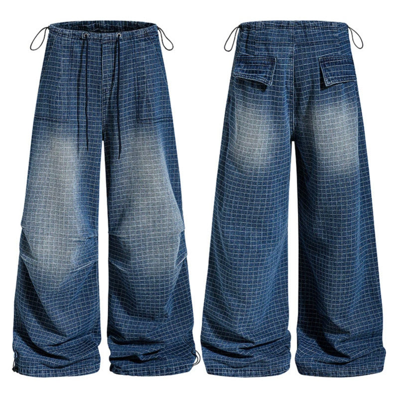 Damen Weite High‑Waist Culotte-Jeans mit Kordelzug, Karomuster und verstellbarem Saum Echoarchiv