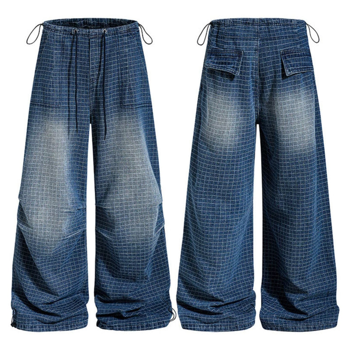 Damen Weite High‑Waist Culotte-Jeans mit Kordelzug, Karomuster und verstellbarem Saum Echoarchiv