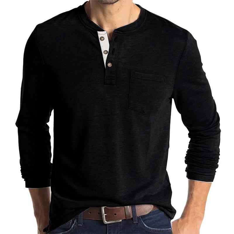 Herren Langarm-Henley-Shirt mit Knopfleiste und Brusttasche Echoarchiv