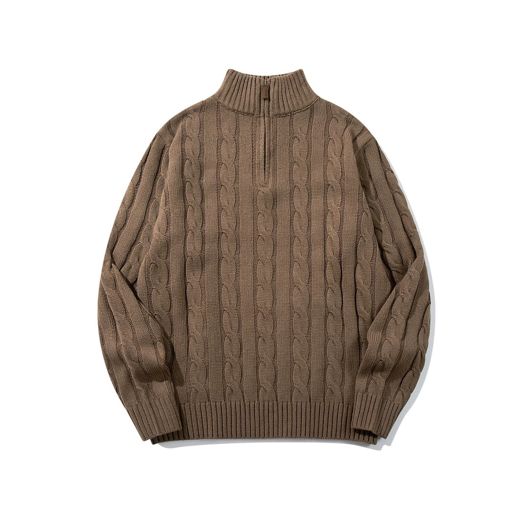 Unisex Zopfmuster-Halbzip-Pullover mit hohem Rippkragen und Oversize-Schnitt Echoarchiv