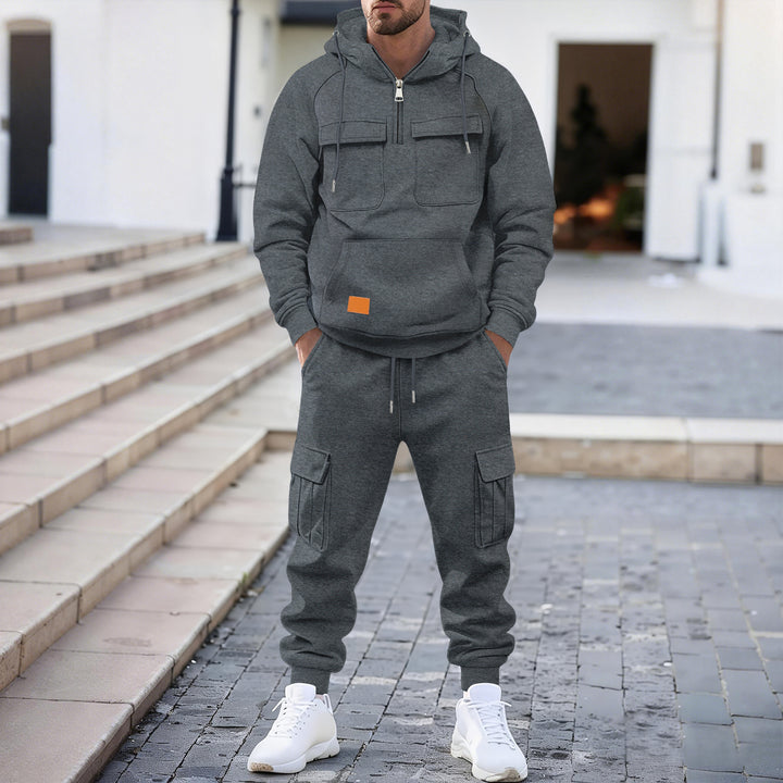 Herren technischer Oversize-Hoodie mit Halbzip, Kapuze, Kängurutasche und aufgesetzten Utility-Taschen – Cavarno
