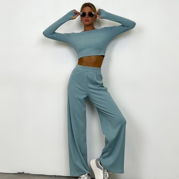 Damen nan eng anliegendes geripptes Cropped Longsleeve mit elastischer Highwaist-Loungehose Set Echo Archiv