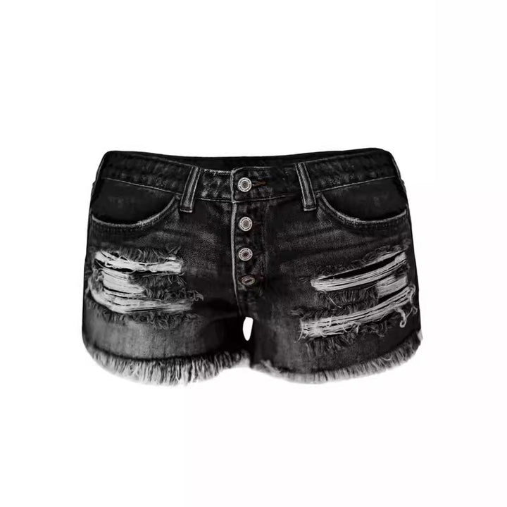 Damen lässige Destroyed Denim-Shorts mit Knopfdetails und fransigem Saum Echo Archiv