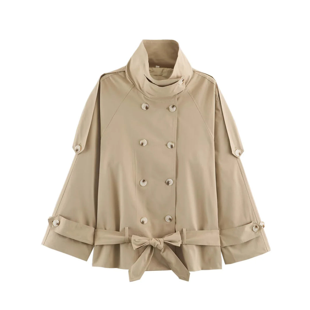 Damen kurze doppelt geknöpfte Cape‑Trench mit Stehkragen und Taillengürtel – Célinea
