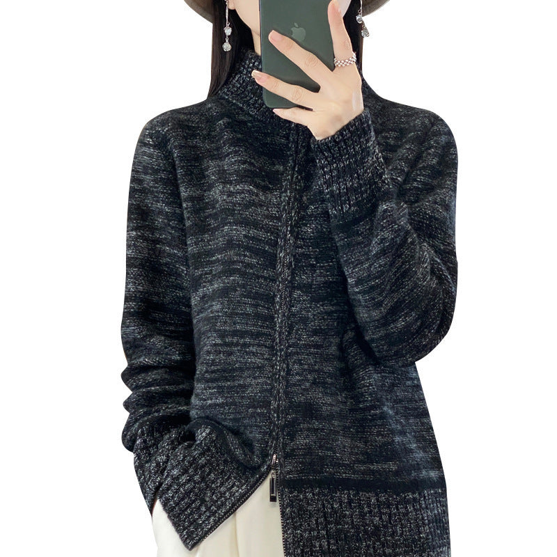 Damen Reißverschluss‑Strickjacke mit melierter Struktur und Stehkragen Echoarchiv
