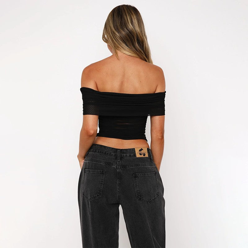 Damen schulterfreies Oberteil mit Wickeldesign und Rüschendetails Echo Archiv