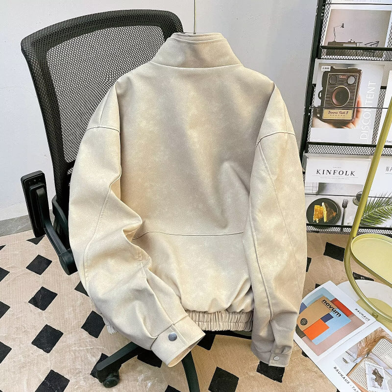 Herren kurze Stehkragenjacke aus Veloursleder-Imitat mit durchgehendem Reißverschluss Echoarchiv
