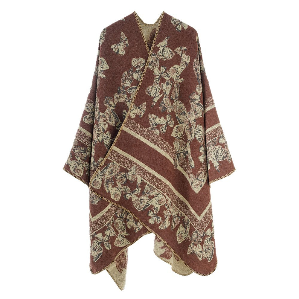 Damen Jacquard‑Capeponcho mit Schmetterlingsmuster und Wollmix‑Optik Echo Archiv