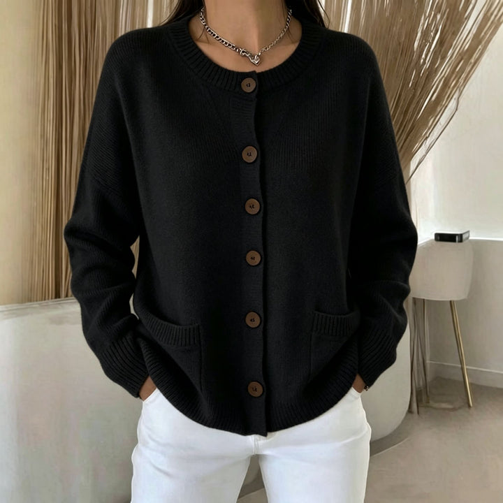 Damen Knopf-Cardigan mit Rundhals, aufgesetzten Taschen und Raglanärmeln – Veloura