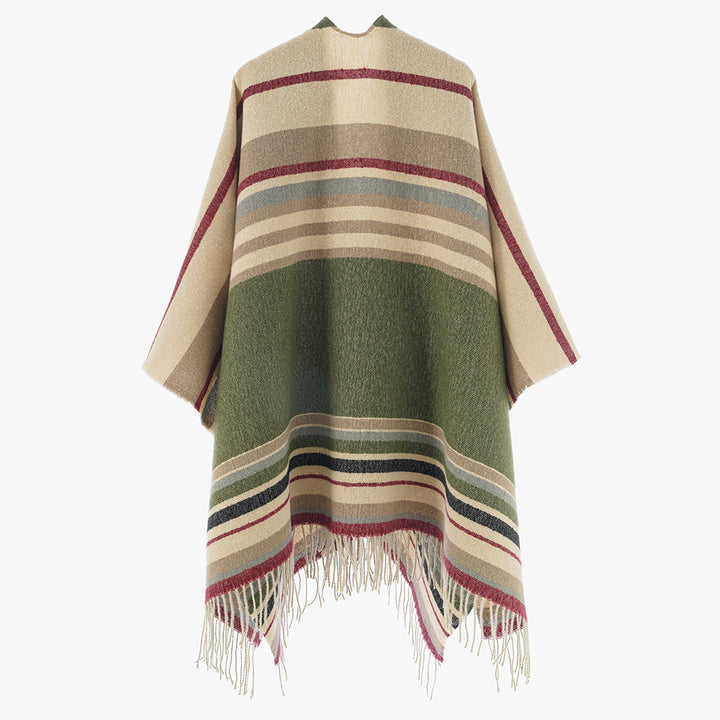 Damen Gestreifter Wollmix-Capeponcho mit Fransen Echo Archiv