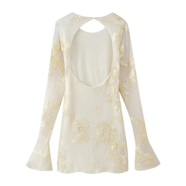 Damen bestickte Chiffonbluse mit floraler 3D-Applikation, Cut-Out Rücken und ausgestellten Manschetten – Élovi
