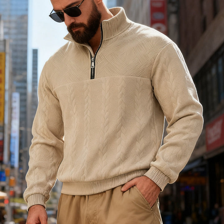Herren Fleece-Pullover mit halbem Reißverschluss und strukturiertem Muster Echoarchiv