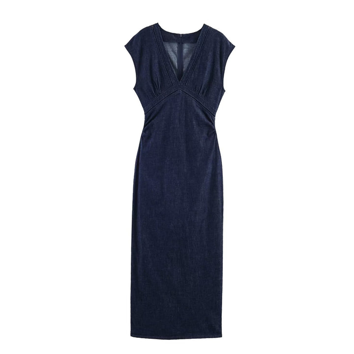 Damen Denim Maxikleid mit elegantem V-Ausschnitt und figurformender Silhouette Echo Archiv