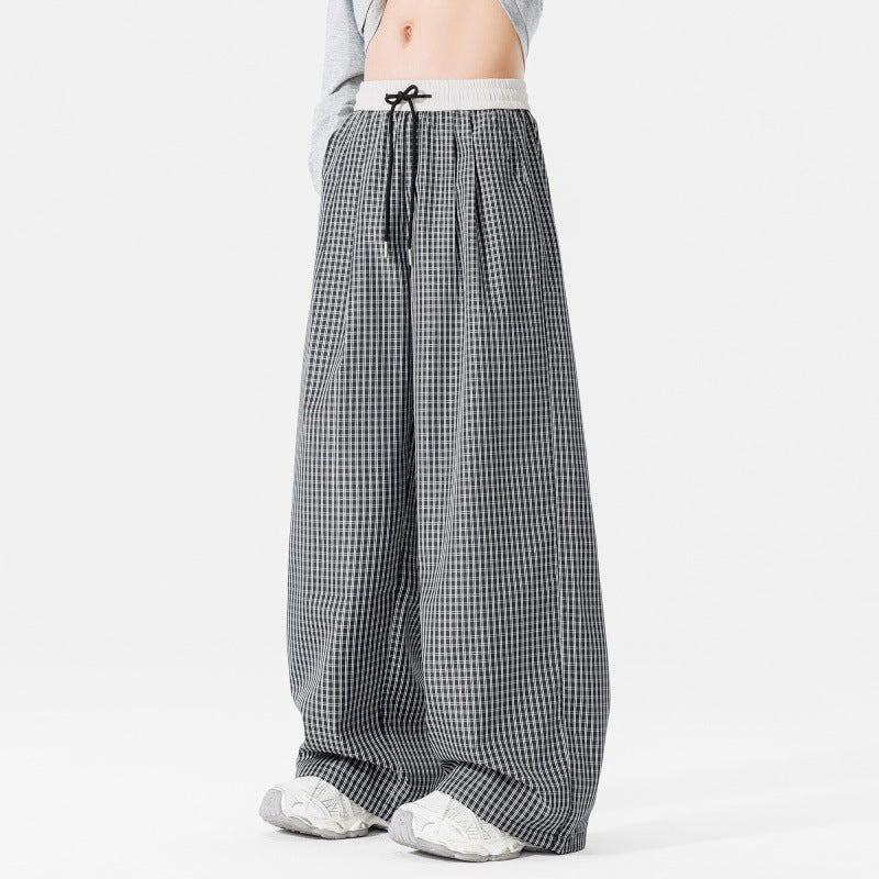 Damen Weite karierte Palazzo-Hose mit elastischem Bund, Tunnelzug & Oversize-Silhouette Echoarchiv