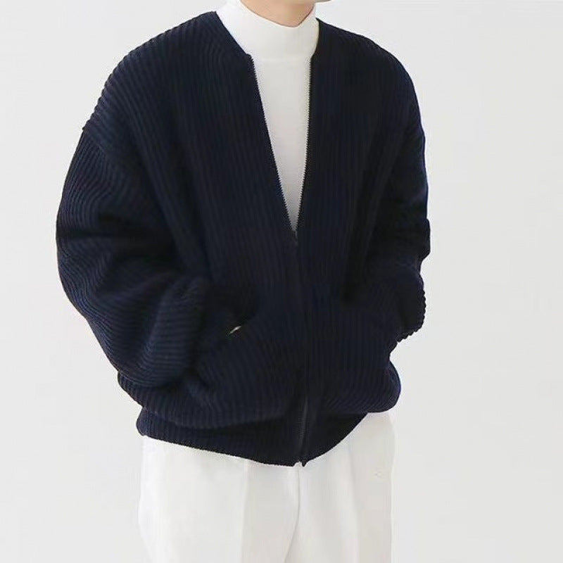 Unisex Oversized Boxy-Strickjacke mit verdecktem Reißverschluss und breiter Rippenstruktur Echoarchiv