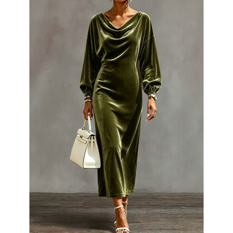 Damen Midikleid aus Samt mit drapiertem Wasserfallkragen und Ballonärmeln Echoarchiv
