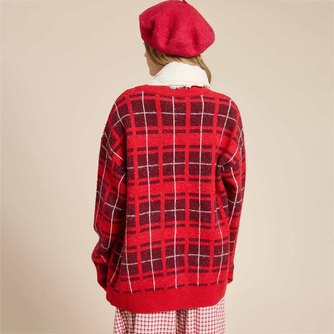 Damen Oversize Karierter Strickcardigan mit Bindegürtel & aufgesetzten Taschen Echoarchiv