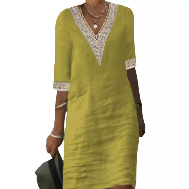 Damen Leinenlook Midi Kleid mit gehäkeltem V-Ausschnitt und 3/4 Ärmeln Echoarchiv