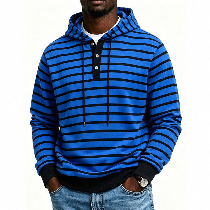 Herren Kapuzenpullover mit Henley-Knopfleiste und feinem Streifenstrukturmuster Echoarchiv