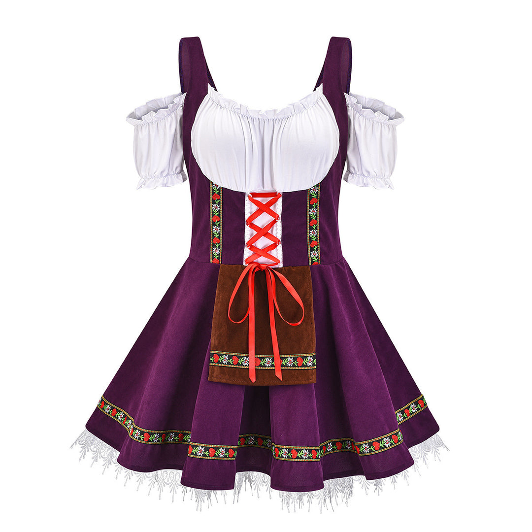 Damen nan kurzes Trachtenkleid mit Carmen-Ausschnitt, geschnürtem Mieder und bestickter Schürze Echo Archiv