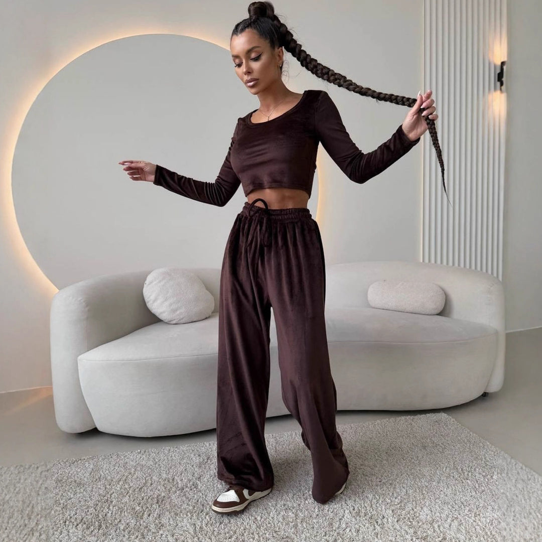 Damen Samt-Loungewear-Set mit Cropped-Langarmshirt und hoher Taillen-Palazzohose – Élanora