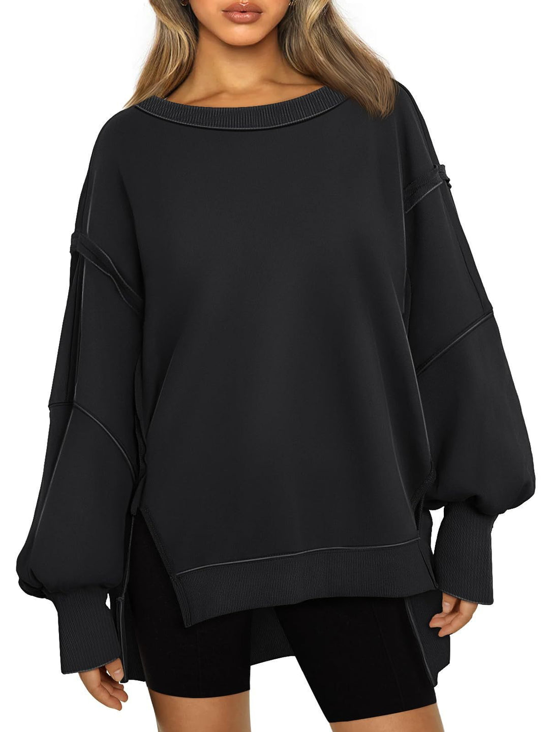 Damen Weiches Longline-Sweatshirt mit Ballonärmeln, seitlichen Schlitzen und geripptem Saum Echo Archiv