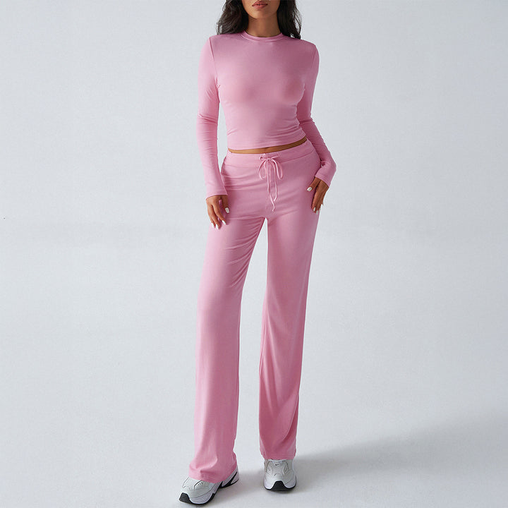 Damen nan tailliertes Longsleeve-Crop-Top und weite Lounge-Hose im Zweiteiler-Set aus Stretchjersey Echo Archiv