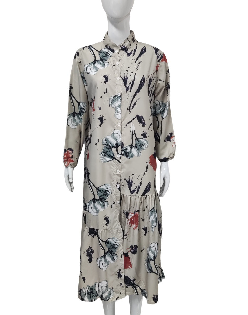 Damen Hemdblusenkleid mit Aquarell-Blumenprint, Stehkragen & Stufenrock – Lunéa