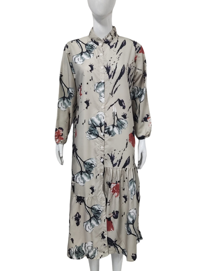 Damen Hemdblusenkleid mit Aquarell-Blumenprint, Stehkragen & Stufenrock – Lunéa