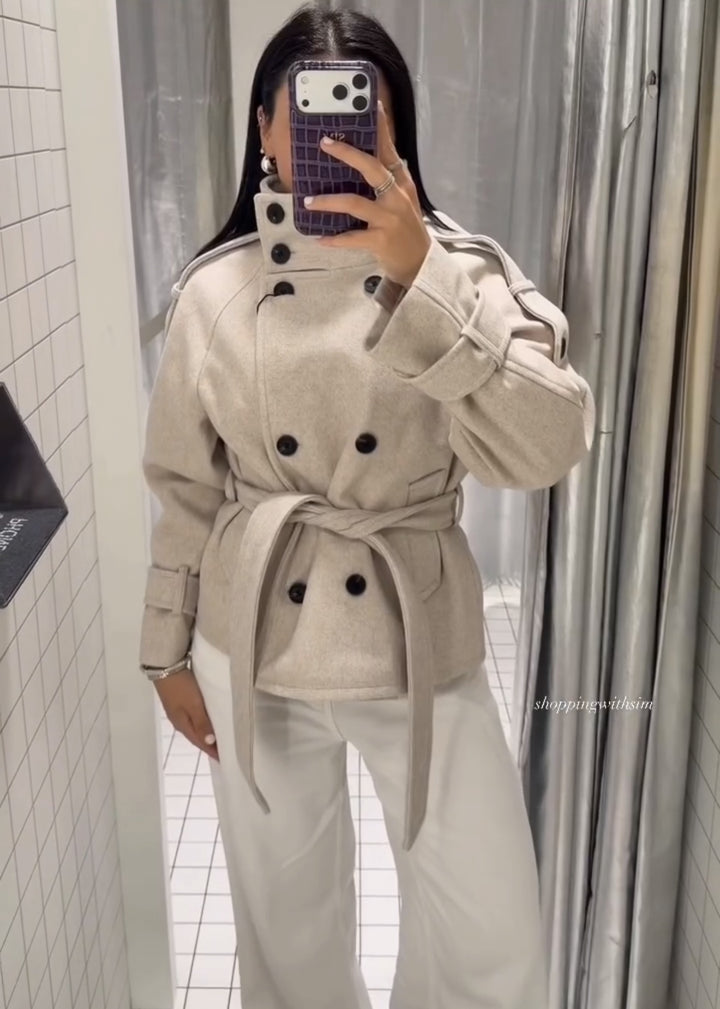 Damen Kurzblouson‑Trenchcoat aus Wollmix mit hohem Stehkragen und Bindegürtel Echo Archiv