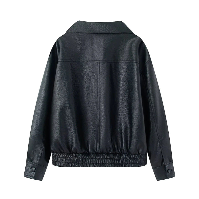 Damen kurzer Oversize Kunstleder-Blouson mit Schalkragen, Druckknopf-Doppelreihe und elastischem Saum – Célinea