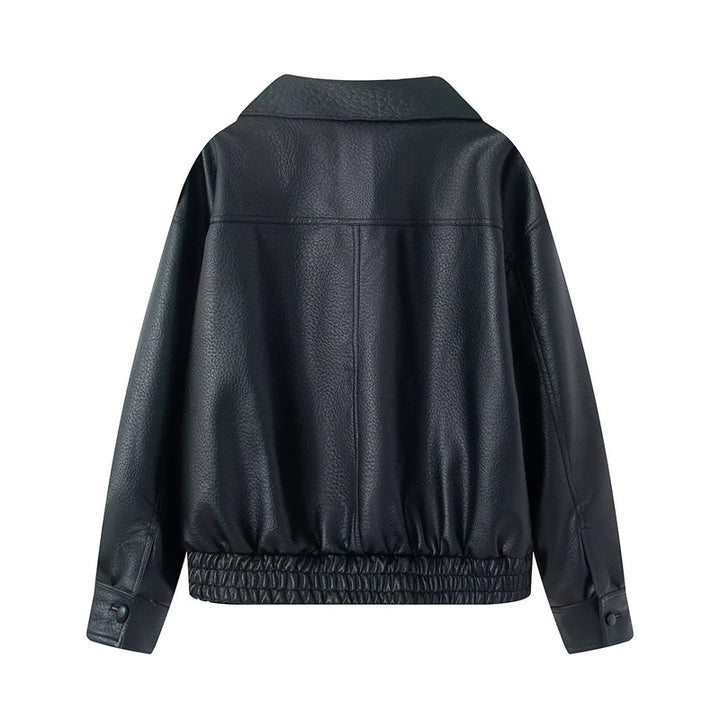 Damen kurzer Oversize Kunstleder-Blouson mit Schalkragen, Druckknopf-Doppelreihe und elastischem Saum – Célinea