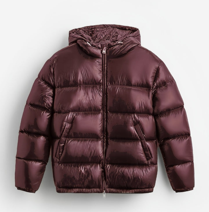 Damen Steppdaunenjacke mit Kapuze und Hochglanz-Oberfläche, Zwei-Wege-Reißverschluss und Kängurutaschen – Célinea